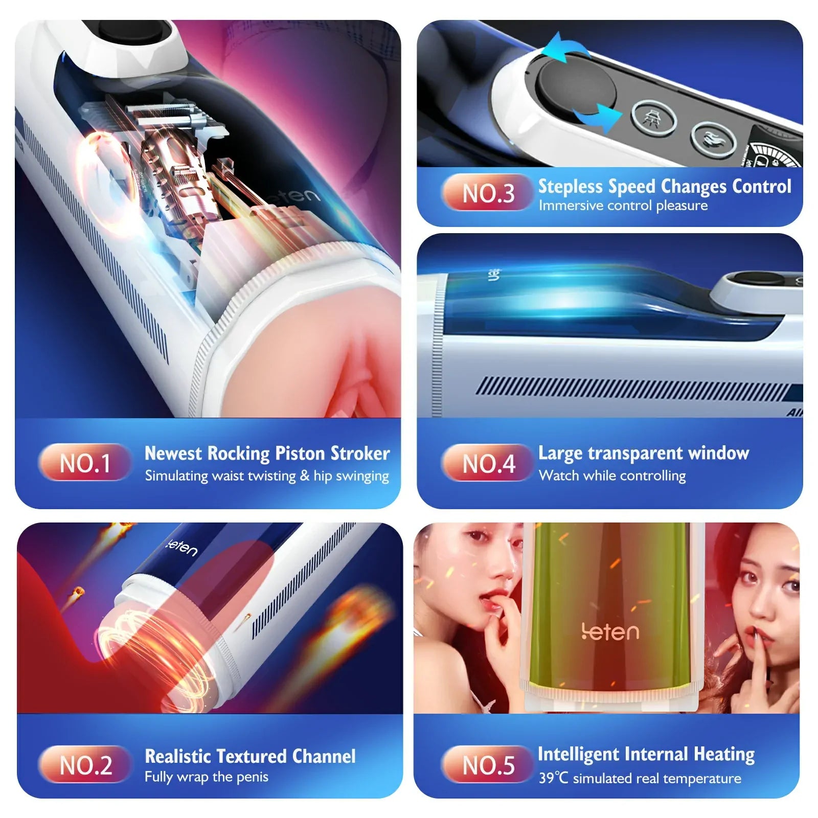 Leten A380 IV - Teleskopischer Masturbator mit Stoß- & Swing-Funktion, stufenlosem Regler & Sichtfenster