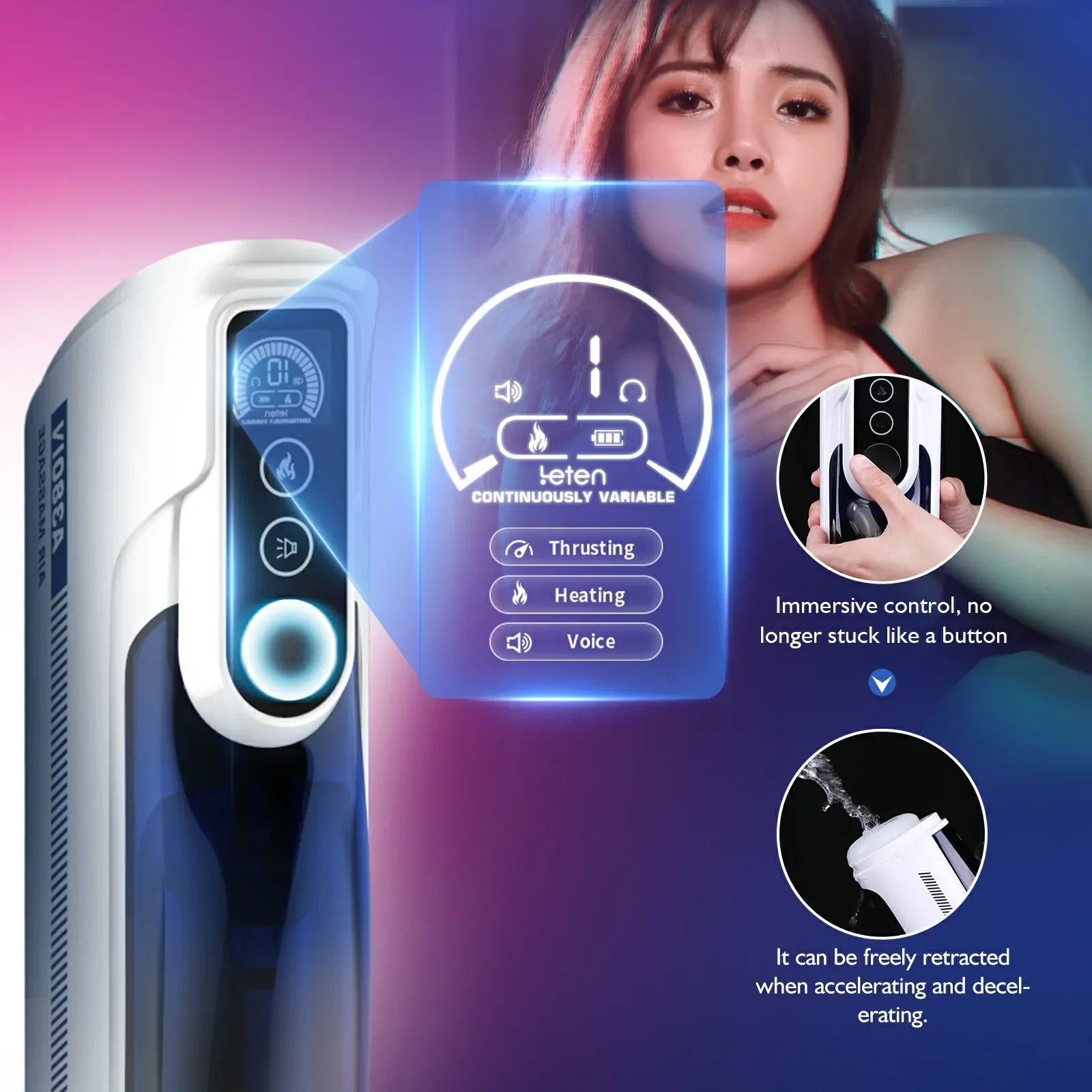 Leten A380 IV - Teleskopischer Masturbator mit Stoß- & Swing-Funktion, stufenlosem Regler & Sichtfenster